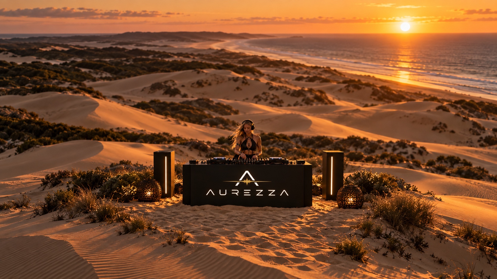 Aurezza concept image: a DJ performing among coastal sand dunes at sunset