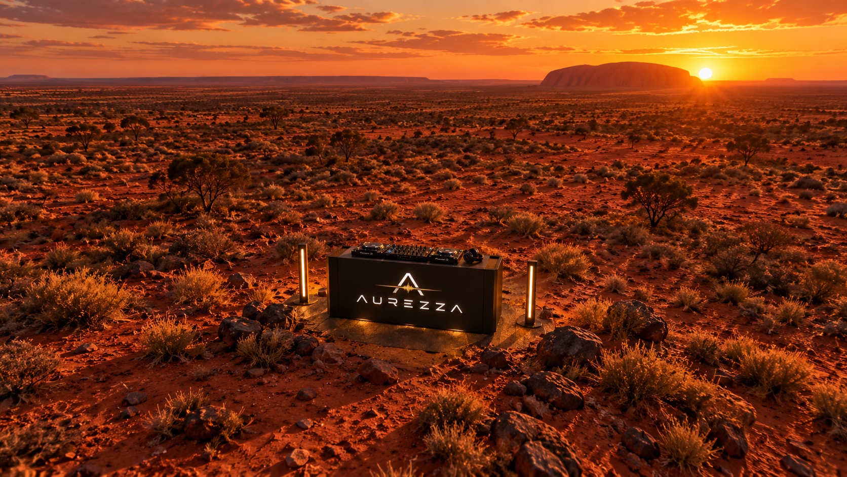 Aurezza concept image: an illuminated DJ booth in a red desert landscape at sunset